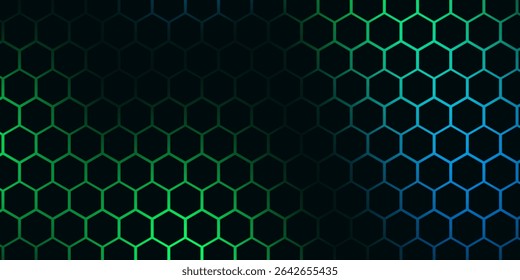 Fundo de tecnologia abstrata de hexágono escuro com flashes brilhantes de cor azul e verde sob hexágono.