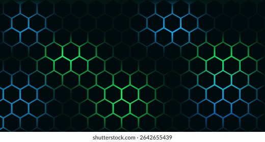 Dark hexagon abstract technology background with blue and green colored bright flashes under hexagon. Hexagonal gaming vector tech illustration black abstract background.