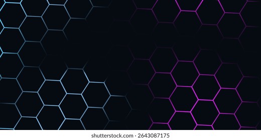 Dark hexagon abstract technology background with blue and pink colored bright flashes under hexagon. Hexagonal gaming vector abstract tech background