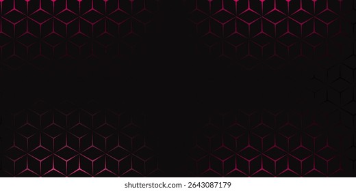 Dark hexagon abstract technology background with bright pink flashes below the hexagon. Vector
