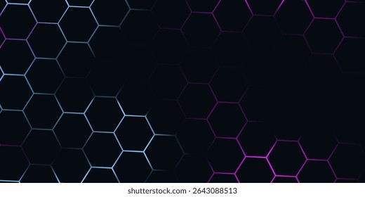 Dark hexagon abstract technology background with blue and pink colored bright flashes under hexagon. Hexagonal gaming vector abstract tech background