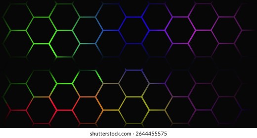Fondo de tecnología abstracta de hexágono oscuro con destellos brillantes de color azul y rosa bajo el hexágono. Fondo de tecnología abstracto de Vector de juego hexagonal.