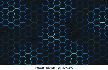 Dark hexagon abstract technology background with blue and pink colored bright flashes under hexagon. Hexagonal gaming vector abstract tech background.