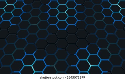 Dark hexagon abstract technology background with blue and pink colored bright flashes under hexagon. Hexagonal gaming vector abstract tech background.