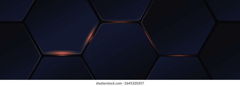 Fundo de tecnologia abstrata de hexágono escuro com flashes brilhantes laranja abaixo do hexágono. Hexagon jogo vetor abstrato tecnologia ampla faixa. vetor