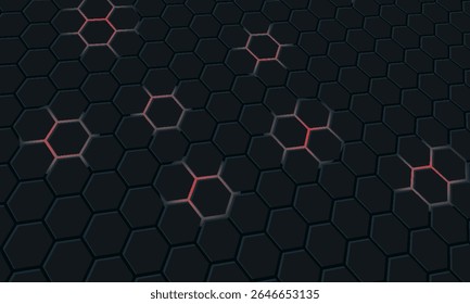 Dark hexagon abstract technology background with bright flashes of red and white under the hexagon. Black abstract background for hexagon game.vector illustration.