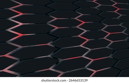 Dark hexagon abstract technology background with bright flashes of red and white under the hexagon. Black abstract background for hexagon game.vector illustration.modern.