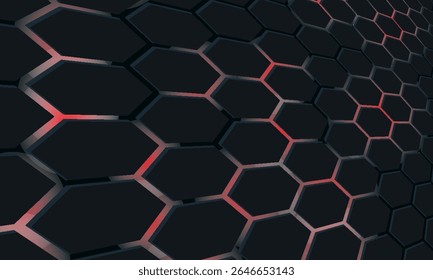 Dunkles Sechseck abstrakte Technologie Hintergrund mit hellen Blitzen von rot und weiß unter dem Sechseck. Schwarzer abstrakter Hintergrund für Hexagon Spiel.Vektorgrafik.modern.