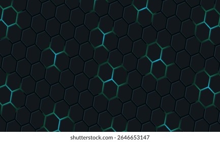 Fundo de tecnologia abstrata de hexágono escuro com flashes brilhantes de cor azul e verde sob hexágono. Hexagonal vetor de jogos ilustração técnica fundo abstrato preto.