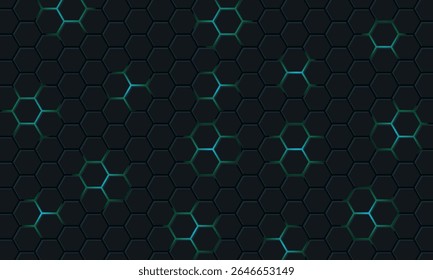 Fundo de tecnologia abstrata de hexágono escuro com flashes brilhantes de cor azul e verde sob hexágono. Hexagonal vetor de jogos ilustração técnica fundo abstrato preto.