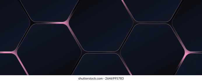 Fundo de tecnologia abstrata hexágono escuro com flashes rosa brilhantes abaixo dos hexágonos. Estonteante vetor de vetor de jogo hexágono tecnologia abstrata faixa larga.