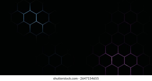 Fundo de tecnologia abstrata de hexágono escuro com flashes brilhantes de cor azul e rosa sob hexágono. Vetor de jogo hexagonal abstrato fundo tecnológico.