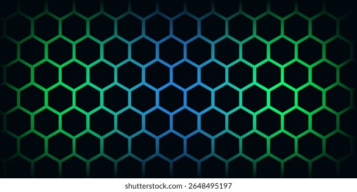 Dunkles Sechseck abstrakte Technologie Hintergrund mit blauen und grünen farbigen hellen Blitzen unter Sechseck. Sechseckige Spiel Vektor Tech-Illustration schwarz abstrakten Hintergrund.