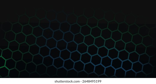 Fundo de tecnologia abstrata de hexágono escuro com flashes brilhantes de cor azul e verde sob hexágono. Hexagonal vetor de jogos ilustração técnica fundo abstrato preto. Eps10