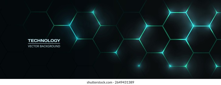 Dark hexagon abstract technology background with blue and green colored bright flashes under hexagon. Hexagonal gaming vector tech wide illustration black abstract background.