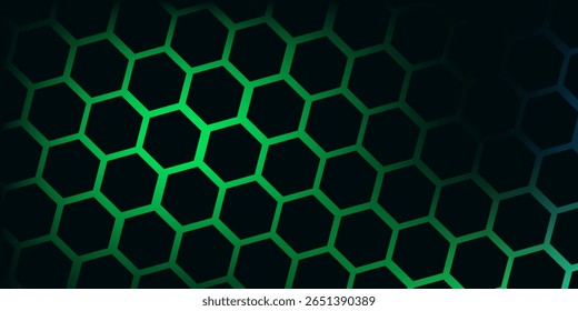 Fondo de tecnología abstracta de hexágono oscuro con destellos brillantes de color azul y verde bajo el hexágono. Hexagonal Vector de juegos ilustración de tecnología fondo abstracto negro.