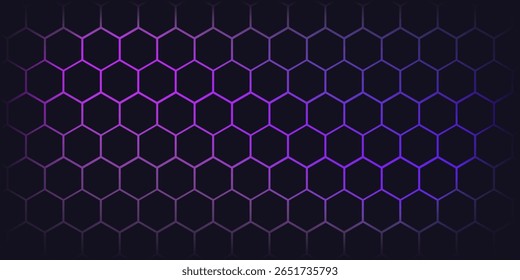Dark hexagon abstract technology background with purple and pink colored bright flashes under hexagon. Hexagonal gaming vector abstract tech background.