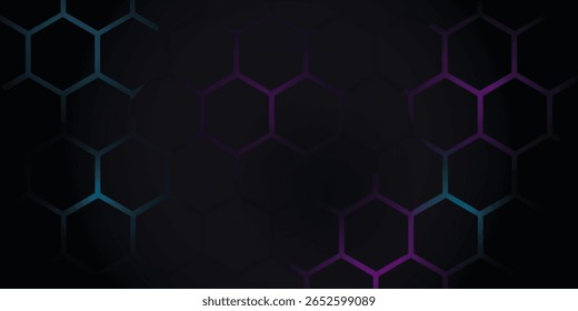 Dark hexagon abstract technology background with blue and pink colored bright flashes under hexagon. Hexagonal gaming vector abstract tech background.