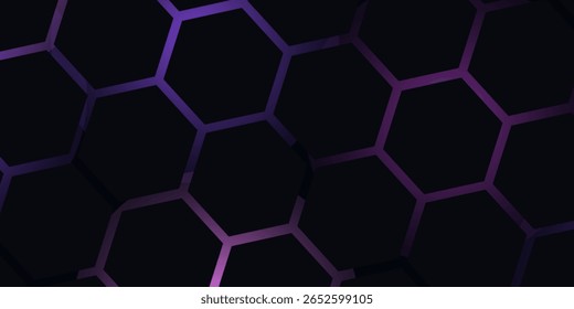 Dark hexagon abstract technology background with purple colored bright flashes under hexagon. Hexagonal gaming vector abstract tech background.