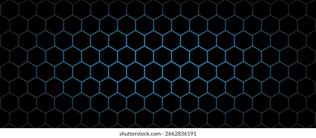 Fundo de tecnologia abstrata de hexágono escuro com flashes brilhantes de cor azul e verde sob hexágono. Hexagonal vetor de jogos ilustração técnica fundo abstrato preto.