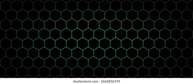 Dark hexagon abstract technology background with blue and green colored bright flashes under hexagon. Hexagonal gaming vector tech illustration black abstract background.
