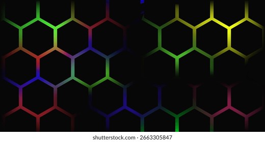 Dark hexagon abstract technology background with blue and pink colored bright flashes under hexagon. Hexagonal gaming vector abstract tech background.