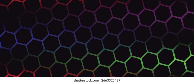 Fundo de tecnologia abstrata de hexágono escuro com flashes brilhantes de cor azul e rosa sob hexágono. Vetor de jogo hexagonal abstrato fundo tecnológico.
