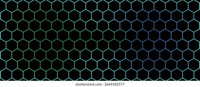 Fondo de tecnología abstracta de hexágono oscuro con destellos brillantes de color azul y verde bajo el hexágono. Hexagonal Vector de juegos ilustración de tecnología fondo abstracto negro. EPS 10