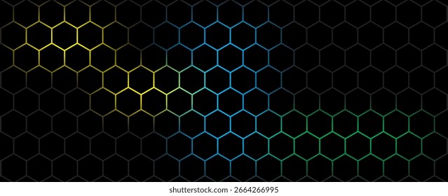 Dunkles Sechseck abstrakte Technologie Hintergrund mit blauen und grünen farbigen hellen Blitzen unter Sechseck. Sechseckige Spiel Vektor Tech-Illustration schwarz abstrakten Hintergrund. Vektor eps 10