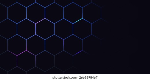 Fundo de tecnologia abstrata de hexágono escuro com flashes brilhantes de cor azul e rosa sob hexágono. Vetor de jogo hexagonal abstrato