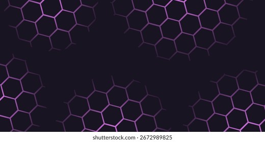 Dark hexagon abstract technology background with purple colored bright flashes under hexagon. Hexagonal gaming vector abstract tech background.