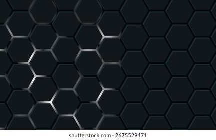 Fundo de tecnologia abstrata de hexágono escuro com flashes brilhantes preto e branco sob o hexágono. Ilustração da tecnologia de vetor do jogo Hexagon no fundo abstrato preto.