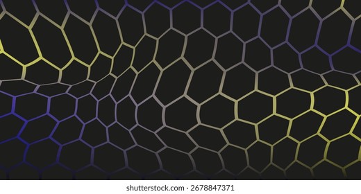 Dark hexagon abstract technology background with blue and green colored bright flashes under hexagon. Hexagonal gaming vector tech illustration black abstract background. EPS 10