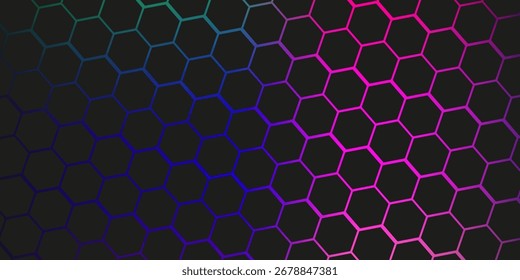 Dark hexagon abstract technology background with blue and green colored bright flashes under hexagon. Hexagonal gaming vector tech illustration.modern