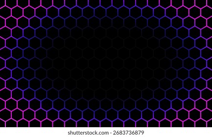 Fundo de tecnologia abstrata de hexágono escuro com flashes brilhantes de cor roxa sob hexágono. Vetor de jogo hexagonal abstrato fundo tecnológico.