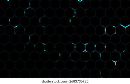 Fondo de tecnología abstracta de hexágono oscuro con destellos brillantes de color violeta y melocotón bajo el hexágono. Fondo de tecnología abstracto de Vector de juego hexagonal.