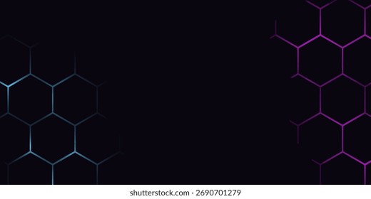 Fondo de tecnología abstracta de hexágono oscuro con destellos brillantes de color azul y rosa bajo el hexágono. Fondo de tecnología abstracto de Vector de juego hexagonal.