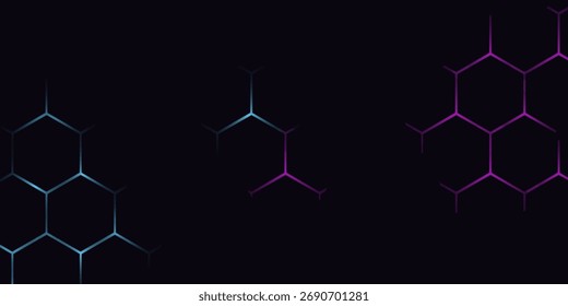 Fundo de tecnologia abstrata de hexágono escuro com flashes brilhantes de cor azul e rosa sob hexágono. Vetor de jogo hexagonal abstrato fundo tecnológico.