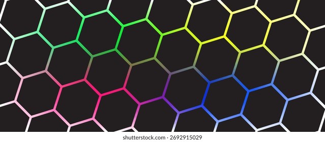 Fundo de tecnologia abstrata de hexágono escuro com flashes brilhantes de cor azul e verde sob hexágono. Hexagonal vetor de jogos ilustração técnica fundo abstrato preto. eps 10