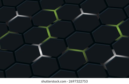 Dark hexagon abstract technology background with black and white bright flashes under the hexagon. Hexagon game technology on black abstract background, Modern.