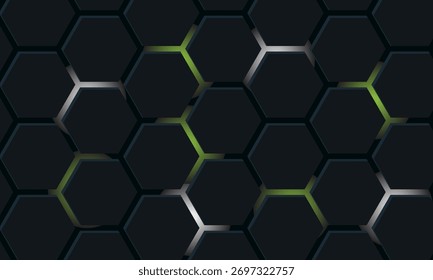 Dark hexagon abstract technology background with black and white bright flashes under the hexagon. Hexagon game technology on black abstract background, Modern.
