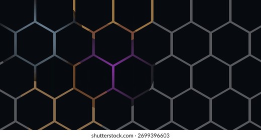 Dark hexagon abstract technology background with blue and pink colored bright flashes under hexagon. Hexagonal gaming vector abstract tech background.