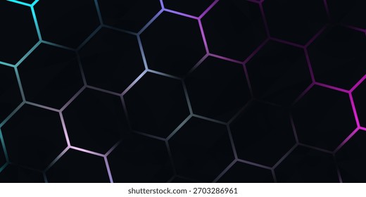 Dark hexagon abstract technology background with blue and pink colored bright flashes under hexagon. Hexagonal gaming vector abstract tech background.