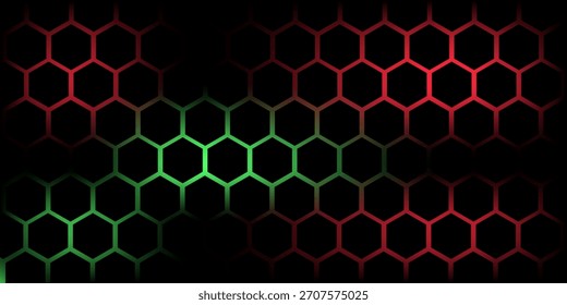 Dunkles Sechseck abstrakte Technologie Hintergrund mit roten und grünen farbigen hellen Blitzen unter Sechseck. Sechseckige Spiel Vektor Tech-Illustration schwarz abstrakten Hintergrund.