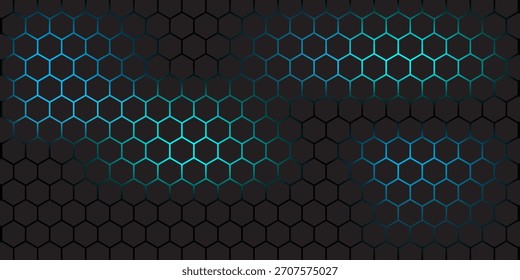 Fundo de tecnologia abstrata de hexágono escuro com flashes brilhantes vermelho e verde sob hexágono. Hexagonal vetor de jogos ilustração técnica fundo abstrato preto.