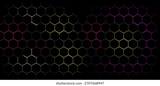 Fondo de tecnología abstracta de hexágono oscuro con destellos brillantes de color rojo bajo el hexágono. Vector de juego hexagonal 