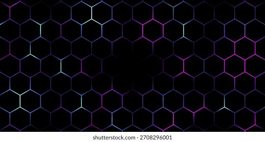 Fondo de tecnología abstracta de hexágono oscuro con destellos brillantes de color azul y rosa bajo el hexágono. Fondo de tecnología abstracto de Vector de juego hexagonal.