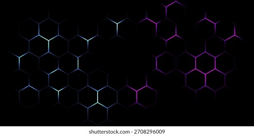 Dark hexagon abstract technology background with blue and pink colored bright flashes under hexagon. Hexagonal gaming vector abstract tech background.