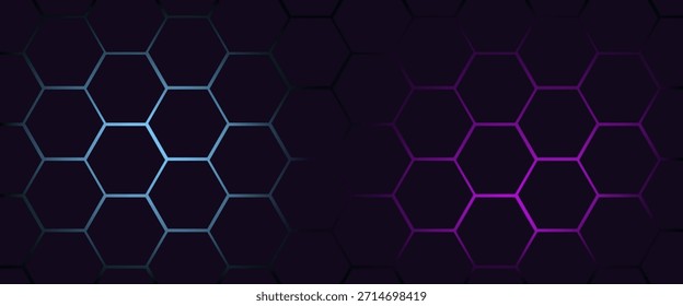 Fundo de tecnologia abstrata de hexágono escuro com flashes brilhantes de cor azul e rosa sob hexágono. Vetor de jogo hexagonal abstrato fundo tecnológico.