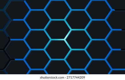 Fundo de tecnologia abstrata de hexágono escuro com flashes brilhantes de cor azul e rosa sob hexágono. Vetor de jogo hexagonal abstrato fundo tecnológico.